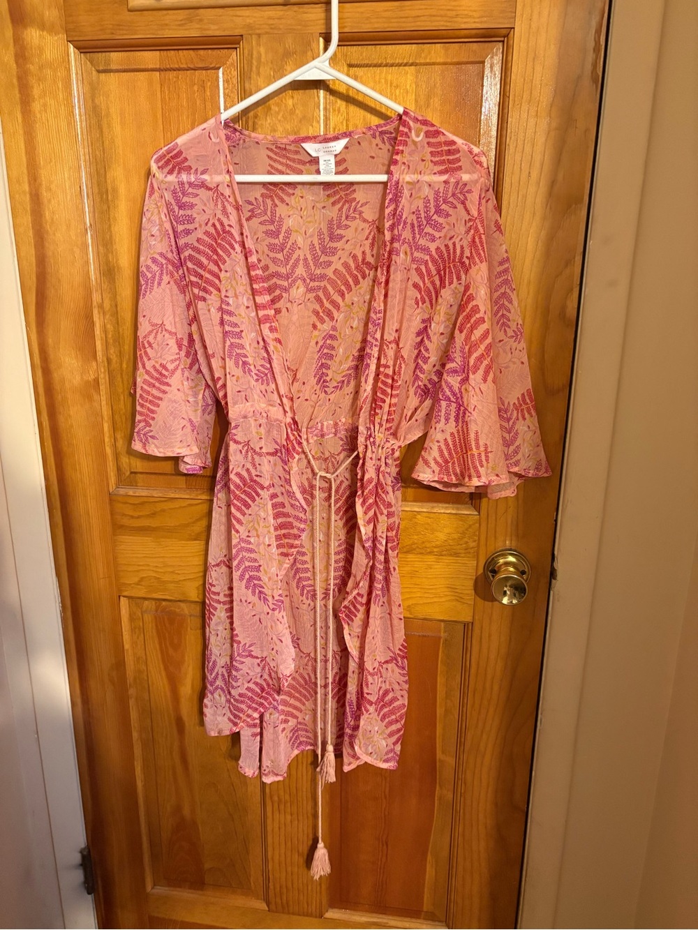 Lauren Conrad Pink Tropical Leaf Print Tie-Waist top